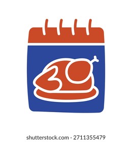 A bold vector silhouette of a calendar page with a spiral binding, featuring a roasted turkey. This icon is perfect for designs celebrating the Thanksgiving holiday, events, and seasonal reminders.