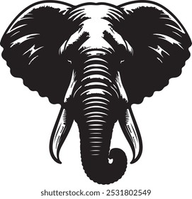 A bold vector silhouette illustration of an elephant head, showcasing its large floppy ears, distinct trunk, and gentle features.