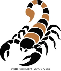 Bold vector silhouette of a scorpion in black and tan with segmented detailing and curved stinger raised in a defensive pose.
