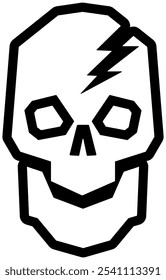 Bold vector skull icon with a lightning bolt detail, created in a geometric outline style on a transparent background. Perfect for logos, stickers, and digital art with a modern edge