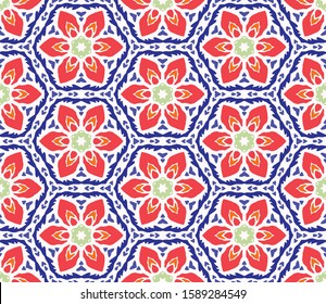 Bold Vector Summer Daisy Flower Background. Classic Blue Red on White. Modern Geometric Floral Seamless Pattern. Kaleidoscope Flourish Motif. Bright Decorative Textile. All Over Print Eps 10 Tile