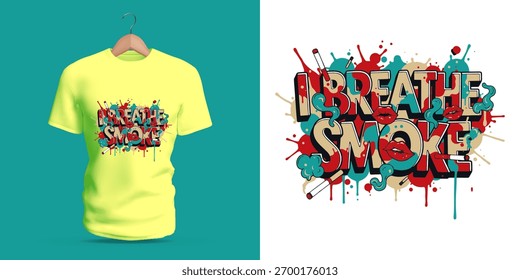 Projeto de tipografia vetorial arrojado com a frase I Breathe Smoke em estilo de grafite de rua, cercado por manchas dinâmicas e explosões de cores. Uma obra de arte simbólica expressando tensão, rebelião