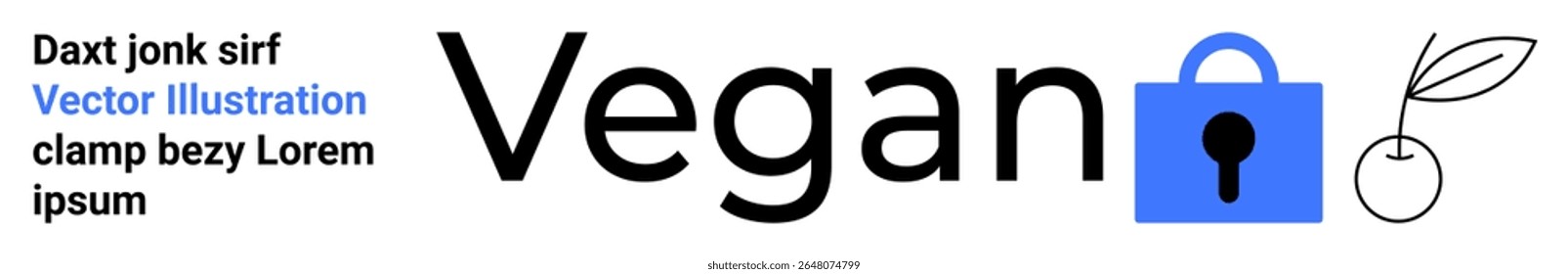 Bold Vegan text with blue lock icon and cherry line art symbolizing security and freshness. Ideal for food industry, health, lifestyle, online stores, product packaging, branding, marketing