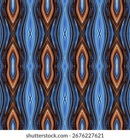 Bold vertical kaleidoscope pattern with diamond shapes in blue, orange, and black, creating a symmetrical textile design.