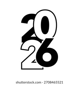 A bold, vertical typographical design for the year 2026, featuring large, overlapping black and white numerals with a modern, minimalist aesthetic suitable for calendar, invitation, and corporate