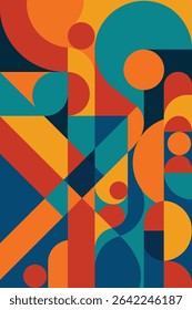 A bold and vibrant abstract artwork featuring an intricate interplay of geometric shapes and striking colors. This modern composition blends circles, triangles, and rectangles in a rhythmic arrangemen