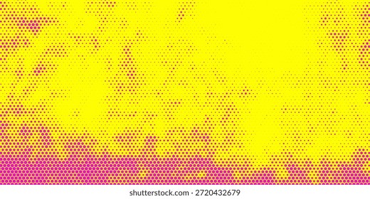 Um fundo abstrato arrojado e vibrante com um padrão clássico de pontos de meio-tom em amarelo brilhante e rosa magenta. O gradiente suave e a textura pontilhada densa
