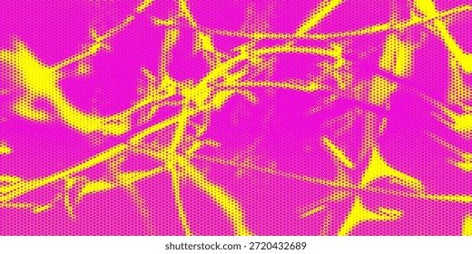 Um fundo abstrato arrojado e vibrante com um padrão clássico de pontos de meio-tom em amarelo brilhante e rosa magenta. O gradiente suave e a textura pontilhada densa
