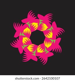 A bold and vibrant abstract floral mandala design featuring stylized magenta, yellow, and green elements arranged radially on a black background, perfect for modern art,