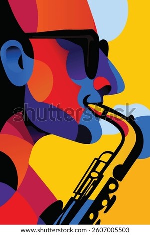 A bold and vibrant abstract illustration of a jazz saxophonist, depicted in a modern geometric and cubist style. The artwork features a dynamic composition with bright primary colors.