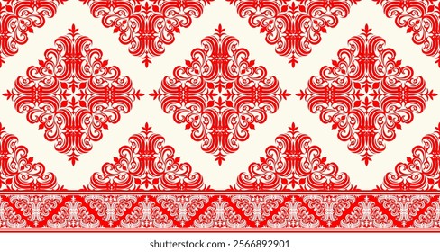 Bold and Vibrant Damask Seamless Pattern with Intricate Red Floral Motifs on a Cream Background. Perfect for luxury textiles, wallpapers, and interior design.