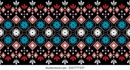 Bold and Vibrant Ethnic Seamless Pattern with Geometric Shapes and Tribal Motifs. Perfect for textile, wallpaper, fabric, fashion, interior design, packaging, and more.