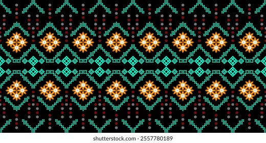 Bold and Vibrant Ethnic Seamless Pattern with Geometric Shapes and Tribal Motifs. Perfect for textile, wallpaper, fabric, fashion, interior design, packaging, and more.