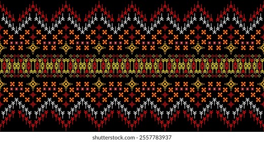 Bold and Vibrant Ethnic Seamless Pattern with Geometric Shapes and Tribal Motifs. Perfect for textile, wallpaper, fabric, fashion, interior design, packaging, and more.
