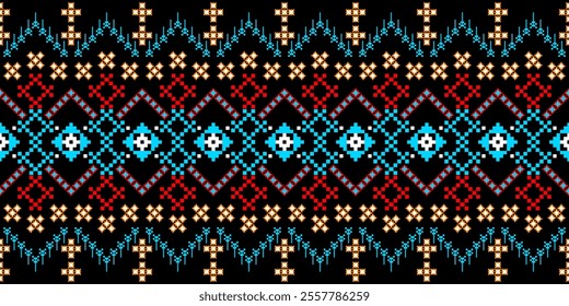 Bold and Vibrant Ethnic Seamless Pattern with Geometric Shapes and Tribal Motifs. Perfect for textile, wallpaper, fabric, fashion, interior design, packaging, and more.