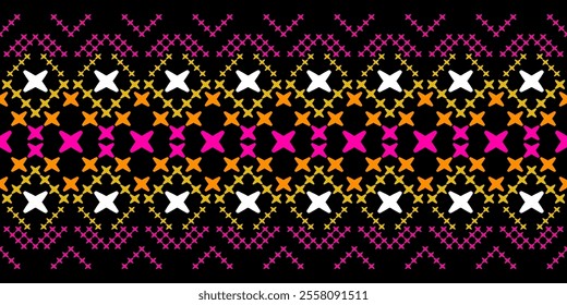 Bold and Vibrant Ethnic Seamless Pattern with Geometric Shapes and Tribal Motifs. Perfect for textile, wallpaper, fabric, fashion, interior design, packaging, and more.

