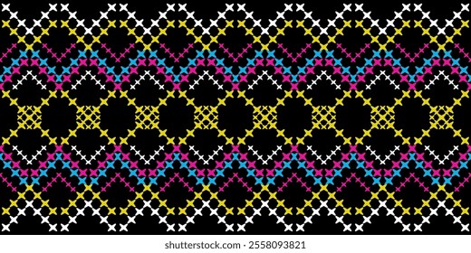 Bold and Vibrant Ethnic Seamless Pattern with Geometric Shapes and Tribal Motifs. Perfect for textile, wallpaper, fabric, fashion, interior design, packaging, and more.