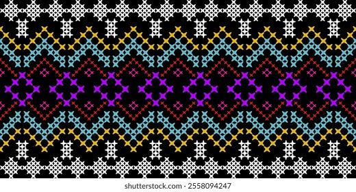 Bold and Vibrant Ethnic Seamless Pattern with Geometric Shapes and Tribal Motifs. Perfect for textile, wallpaper, fabric, fashion, interior design, packaging, and more.