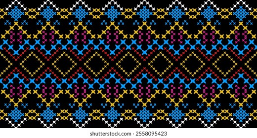 Bold and Vibrant Ethnic Seamless Pattern with Geometric Shapes and Tribal Motifs. Perfect for textile, wallpaper, fabric, fashion, interior design, packaging, and more.

