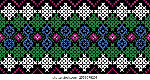 Bold and Vibrant Ethnic Seamless Pattern with Geometric Shapes and Tribal Motifs. Perfect for textile, wallpaper, fabric, fashion, interior design, packaging, and more.