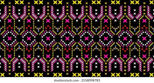 Bold and Vibrant Ethnic Seamless Pattern with Geometric Shapes and Tribal Motifs. Perfect for textile, wallpaper, fabric, fashion, interior design, packaging, and more.