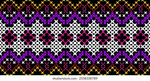 Bold and Vibrant Ethnic Seamless Pattern with Geometric Shapes and Tribal Motifs. Perfect for textile, wallpaper, fabric, fashion, interior design, packaging, and more.