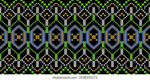Bold and Vibrant Ethnic Seamless Pattern with Geometric Shapes and Tribal Motifs. Perfect for textile, wallpaper, fabric, fashion, interior design, packaging, and more.

