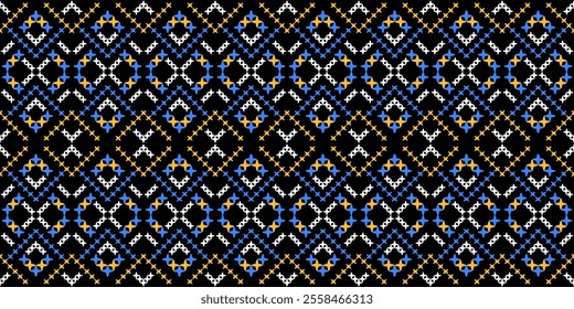 Bold and Vibrant Ethnic Seamless Pattern with Geometric Shapes and Tribal Motifs. Perfect for textile, wallpaper, fabric, fashion, interior design, packaging, and more.