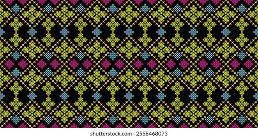 Bold and Vibrant Ethnic Seamless Pattern with Geometric Shapes and Tribal Motifs. Perfect for textile, wallpaper, fabric, fashion, interior design, packaging, and more.