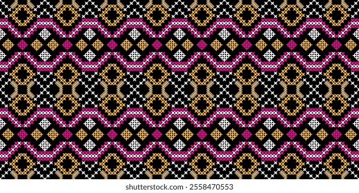 Bold and Vibrant Ethnic Seamless Pattern with Geometric Shapes and Tribal Motifs. Perfect for textile, wallpaper, fabric, fashion, interior design, packaging, and more.