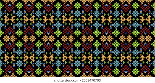 Bold and Vibrant Ethnic Seamless Pattern with Geometric Shapes and Tribal Motifs. Perfect for textile, wallpaper, fabric, fashion, interior design, packaging, and more.

