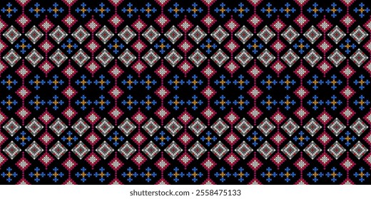 Bold and Vibrant Ethnic Seamless Pattern with Geometric Shapes and Tribal Motifs. Perfect for textile, wallpaper, fabric, fashion, interior design, packaging, and more.