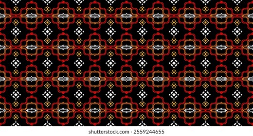 Bold and Vibrant Ethnic Seamless Pattern with Geometric Shapes and Tribal Motifs. Perfect for textile, wallpaper, fabric, fashion, interior design, packaging, and more.