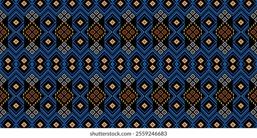 Bold and Vibrant Ethnic Seamless Pattern with Geometric Shapes and Tribal Motifs. Perfect for textile, wallpaper, fabric, fashion, interior design, packaging, and more.