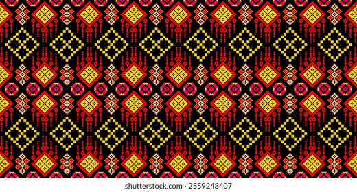 Bold and Vibrant Ethnic Seamless Pattern with Geometric Shapes and Tribal Motifs. Perfect for textile, wallpaper, fabric, fashion, interior design, packaging, and more.