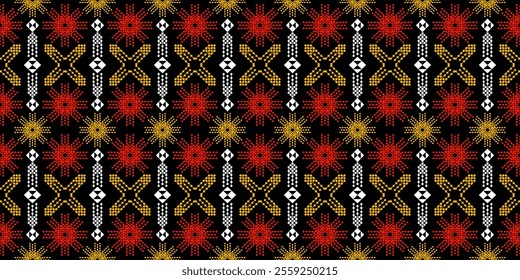 Bold and Vibrant Ethnic Seamless Pattern with Geometric Shapes and Tribal Motifs. Perfect for textile, wallpaper, fabric, fashion, interior design, packaging, and more.