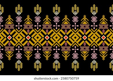 Bold and Vibrant Ethnic Seamless Pattern with Geometric Shapes and Tribal Motifs. Perfect for textile, wallpaper, fabric, fashion, interior design, packaging, and more.