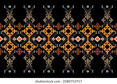 Bold and Vibrant Ethnic Seamless Pattern with Geometric Shapes and Tribal Motifs. Perfect for textile, wallpaper, fabric, fashion, interior design, packaging, and more.