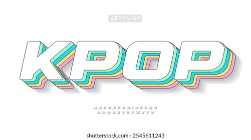 Fonte arrojada e vibrante, letras K-pop multicoloridas mescla energia jovem com efeitos 3D em camadas e sombra de gradiente multicolorido pastel. Fonte isométrica brincalhona para o logotipo da cultura pop e manchetes cativantes