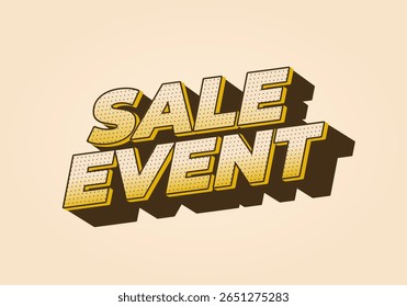 Um design gráfico arrojado e vibrante com as palavras VENDA EVENTO em um estilo tridimensional com um efeito de quadrinhos retro. O fundo é uma cor bege suave, melhorando a visibilidade dos textos.