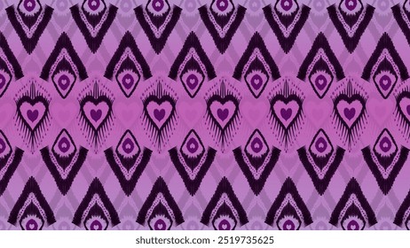 Un audaz y vibrante patrón de ikat con temática de corazón con Formas geométricas. Ideal para diseños de San Valentín, telas, papelería y fondos digitales.
