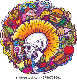 A bold and vibrant illustration featuring a detailed skull at the center, surrounded by an explosion of colorful food elements and organic shapes. This artwork blends edgy and playful vibes with rich patterns, dynamic composition, and eye-catching colors. Perfect for posters, apparel, album covers, or branding projects that need a striking and unconventional visual identity.