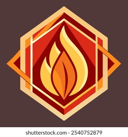 A bold and vibrant illustration featuring a stylized flame within a hexagonal frame, perfect for adding a touch of heat and energy to your designs. This graphic is ideal for branding, logos.