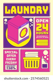 Bold and vibrant laundry service poster design featuring retro typography, washing machine illustration, special offers, and neon-inspired colors for cleaning promotion.