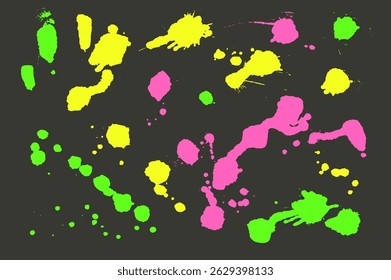 Bold vibrant paint liquid splotches. Vector neon paint spray splashes and splatter. Grunge graffiti art drops sprayed. Urban street dirty stencil on wall. Graphic collage messy spots and blobs..