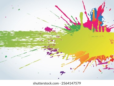 Bold and vibrant paint splashes in green, pink, yellow, orange, and blue on a clean white canvas.