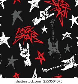 A bold and vibrant pattern featuring rock star motifs electric guitars and hand gestures set against a black background with star shapes. The design captures a lively music culture.