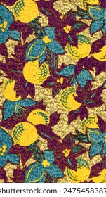 Bold and vibrant pattern featuring yellow fruit and blue flowers against a background of burgundy leaves and beige texture.