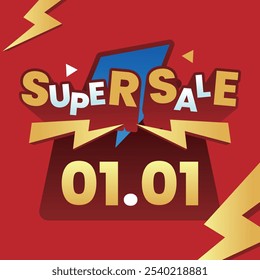 Bold and vibrant Super Sale banner with '01.01' date, featuring dynamic lightning elements and colorful typography on a striking red background, perfect for promotions.