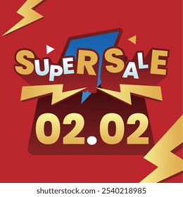 Bold and vibrant Super Sale banner with '02.02' date, featuring dynamic lightning elements and colorful typography on a striking red background, perfect for promotions.